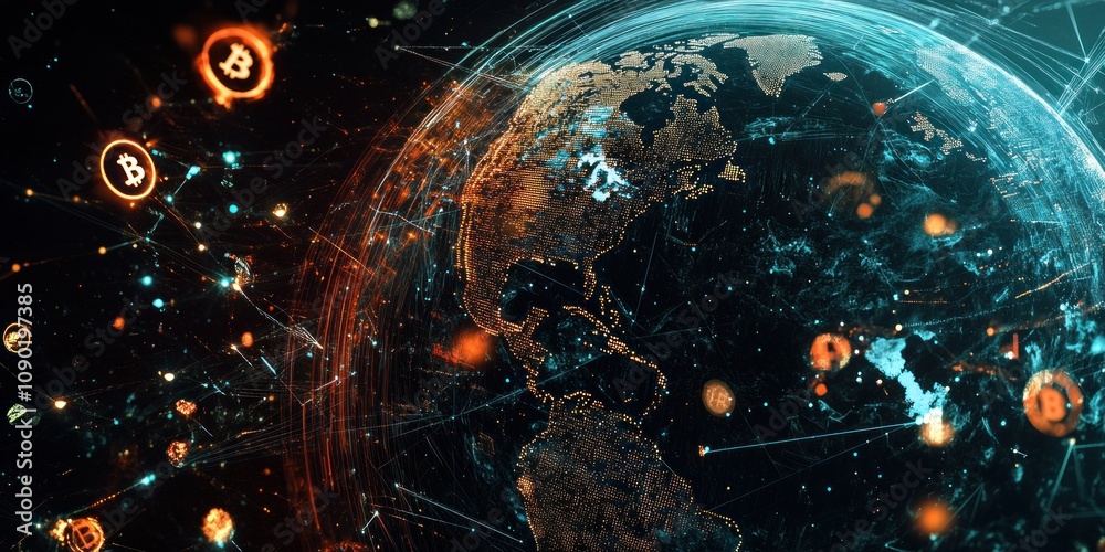 Poster a digital representation of the earth with cryptocurrency symbols and network connections.