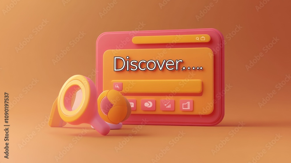 Poster a 3d illustration featuring a magnifying glass and a search interface with the word 
