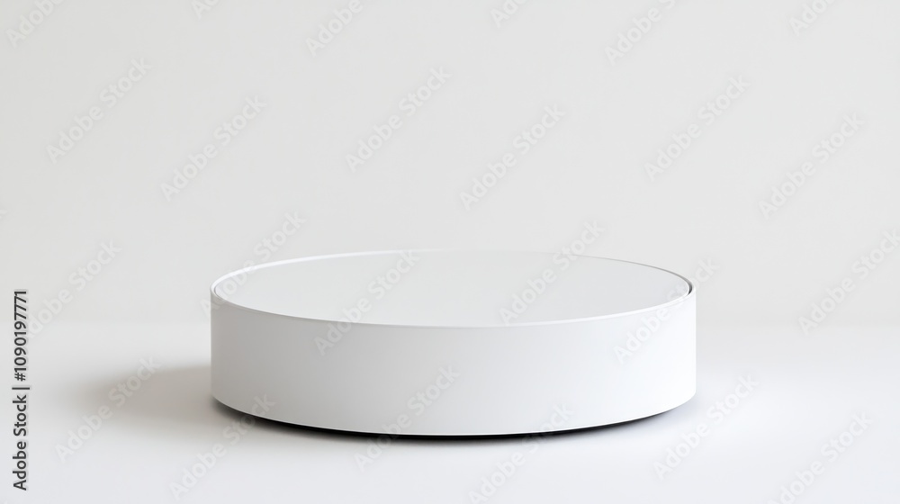 Poster a minimalist round white platform on a light surface, suggesting simplicity and modern design.