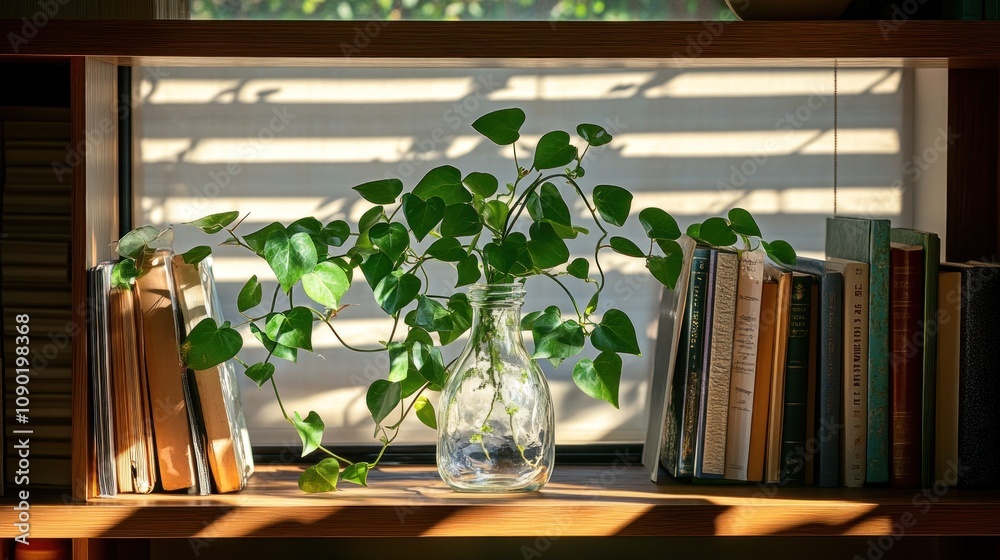 Poster a serene display of a plant in a jar surrounded by books on a wooden shelf.