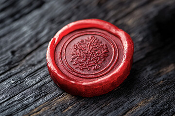 red wax seal with intricate design on rustic wooden surface close up