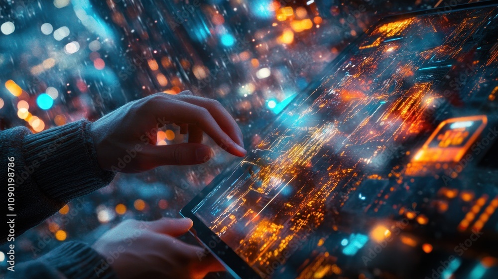Poster A close-up of hands interacting with a glowing digital interface in a futuristic setting.