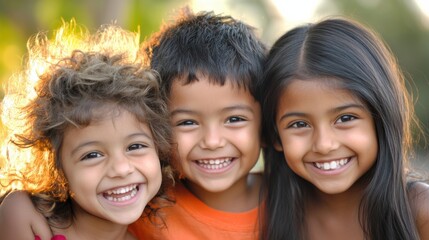Fototapeta premium Closeup of three young children, a white boy with spiky hair and an enthusiastic grin, a Black girl with curly hair and a playful smile