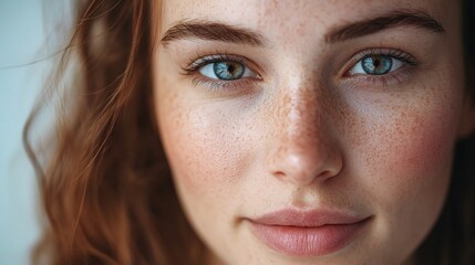 Obraz premium Close-Up Shot of a Woman with Glowing Skin Exuding Natural Beauty and Confidence Against a Soft Background, Capturing the Essence of Radiance and Youthfulness