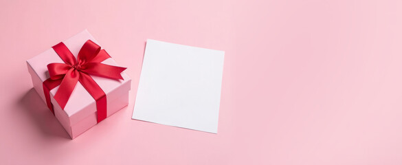 Pink gift box with red bow, next to lies white blank sheet on pink background.Advertising banner, sale, discounts, postcard.Concept for Valentine's Day, Mother's Day, Black Friday. Mock up. Copy space