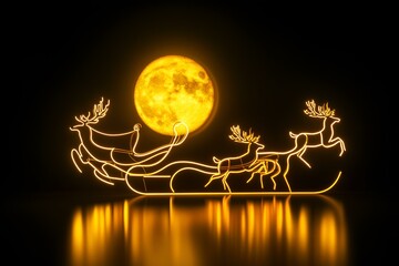 Obraz premium An electrifying neon silhouette of a flying sleigh being pulled by reindeer, framed by a radiant golden moon on a black background.