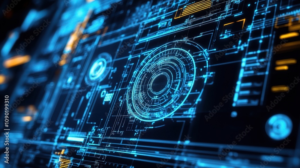 Poster intricate computer aided design systems with technical illustrations in a modern digital environment