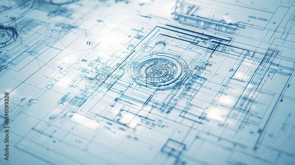 Poster technical drawing and computer aided design blueprint in standard scale, featuring intricate enginee
