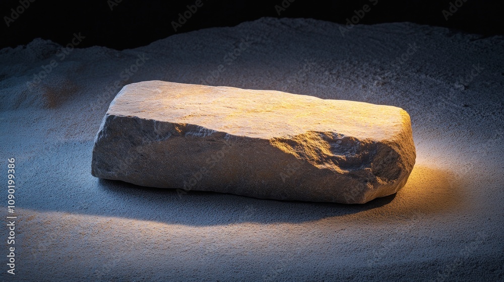 Poster a solitary rock illuminated on a sandy surface, highlighting its texture and form.