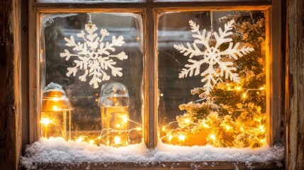 A cozy cabin window frosted with snowflakes, featuring twinkling lights and a Christmas tree inside.