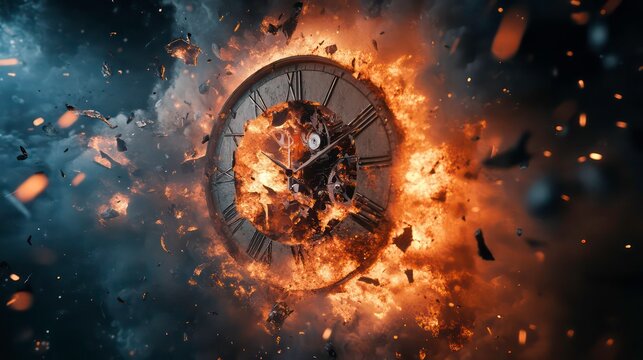 A clock engulfed in flames, exploding into pieces against a dark background.