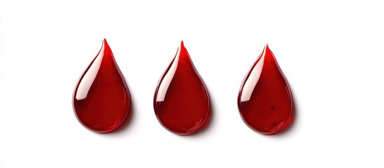 Obraz premium Three Red Drops of Glossy Liquid Isolated on White Background