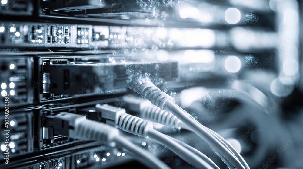 Poster detailed image of double exposure effect showcasing network connections with cables and server compo