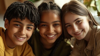 Fototapeta premium Closeup of three young friends, a Hispanic boy with a joyful expression and short hair, a Black girl with a bright smile and braided hair