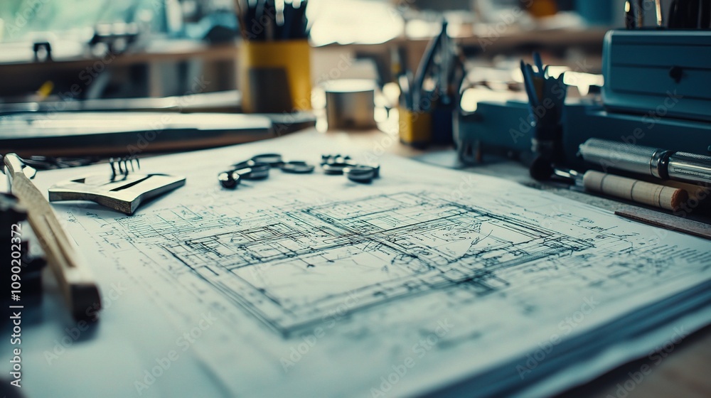 Wall mural Engineering Drawings and Tools Neatly Arranged on a Workspace with Blueprints and Drafting Instruments for Technical Projects