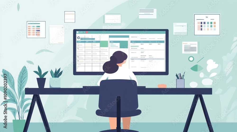 Poster a person working at a desk with a computer, surrounded by plants and notes.