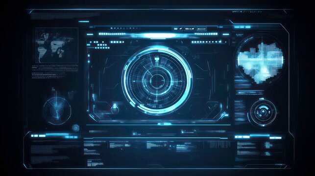 Futuristic digital interface with glowing blue elements, a central circular display, and data visualizations. - Powered by Adobe