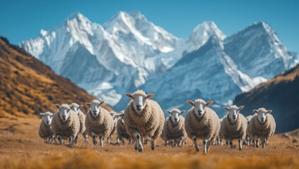 Obraz premium Sheep Flock in Mountain Landscape