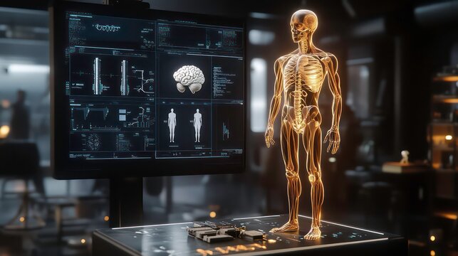 A 3D holographic model of the human anatomy is displayed on a table in a futuristic laboratory with screens showing data about the body.