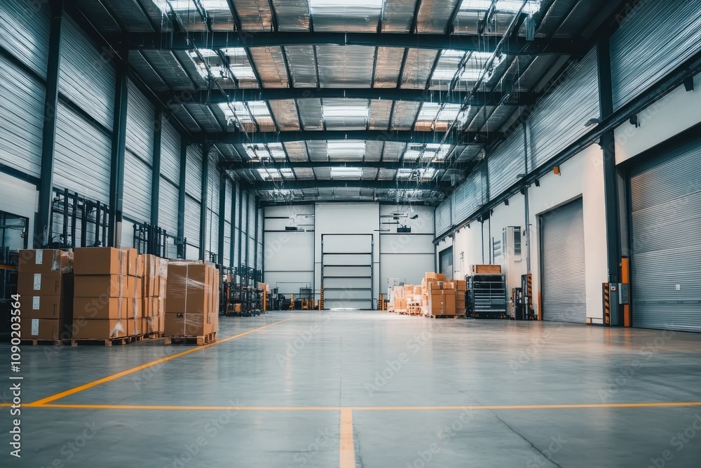 Poster a spacious warehouse interior with stacked boxes and loading areas.