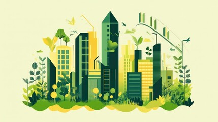 Obraz premium An illustration of a city skyline with greenery growing around it, symbolizing sustainability and environmentalism.