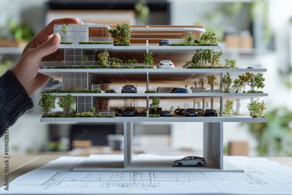 Poster A hand holds a detailed architectural model of a multi-level parking structure with greenery.