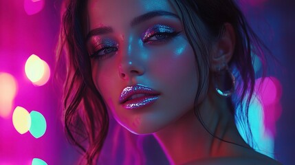 Fototapeta premium A Stunning Brunette Fashion Model Poses Elegantly Amidst Colorful Neon Lights with Glowing Makeup and Captivating Expression, Perfect for Trendy Visuals