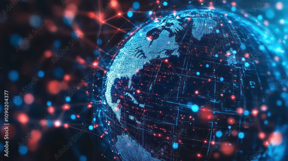 Sticker the globe is enveloped in a blue and red digital network on a dark background, symbolizing connectiv
