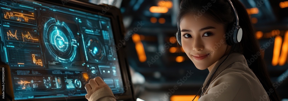 Poster A woman interacts with a futuristic control panel in a high-tech environment.