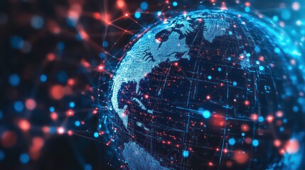 Fototapeta premium The globe is enveloped in a blue and red digital network on a dark background, symbolizing connectivity