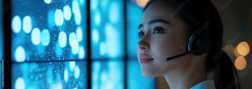 Poster A focused individual with a headset, looking at a digital display with a rainy backdrop.