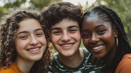 Fototapeta premium Closeup of three young friends, a white girl with curly hair and a joyful grin, a South Asian boy with short hair and a bright smile