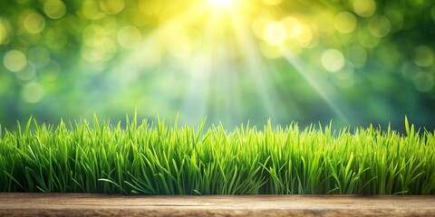 Fototapeta premium Vibrant Green Grass Blades on a Wooden Surface with a Sunny, Blurred Background