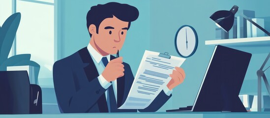 Businessman reviewing contract at his desk,  illustration of a serious man working attentively in his office