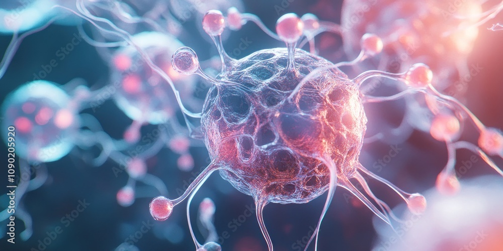 Poster Close-up view of colorful, abstract cells resembling viruses or microorganisms.