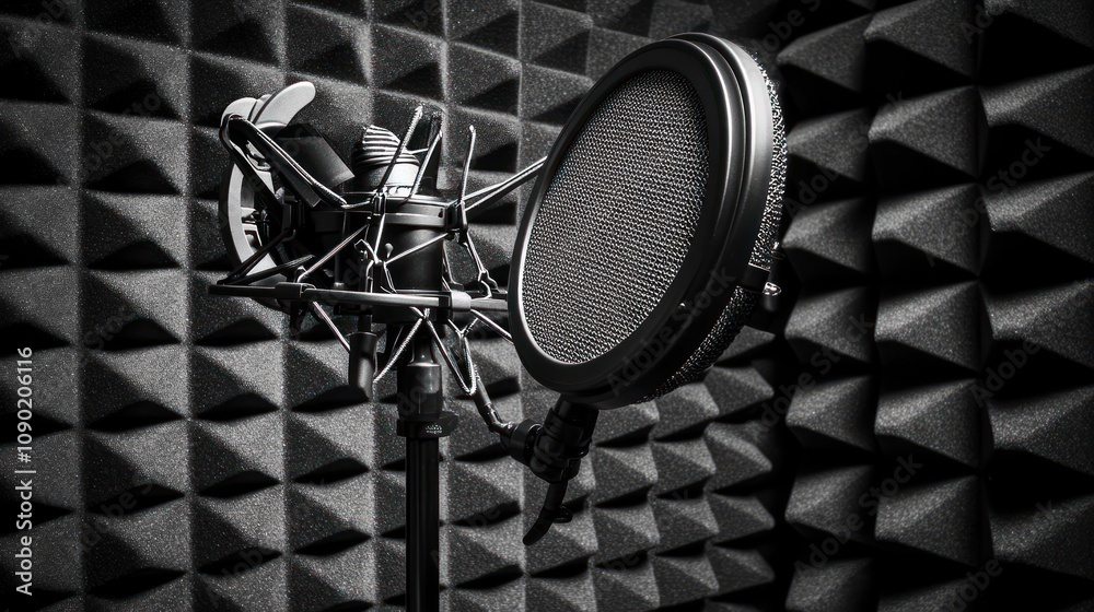 Poster a microphone in a soundproof studio with acoustic panels for recording audio.