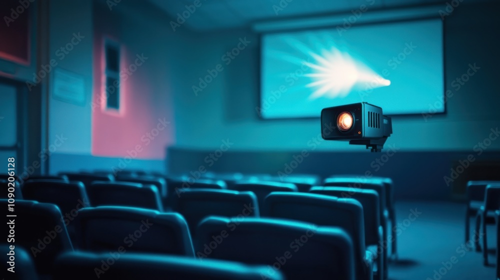 Poster a dimly lit room with a projector aimed at a screen, suggesting a presentation or lecture.