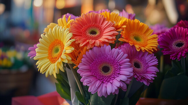 Brightly colored gerbera daisies in a vibrant flower market during daytime