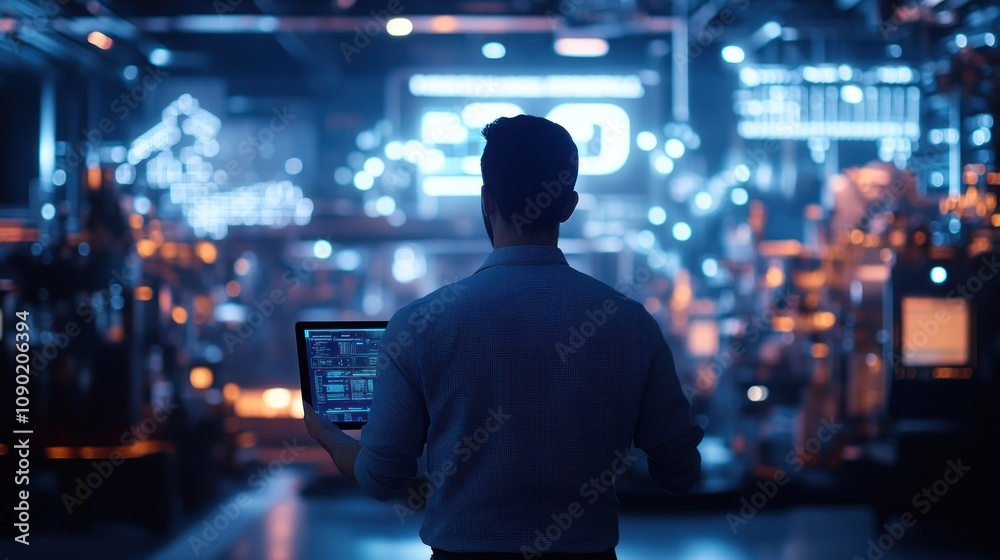 Aufkleber A person stands in a high-tech environment, observing data on a laptop.