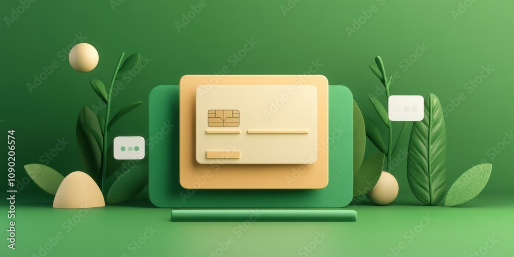 Poster a minimalist 3d illustration of a payment card surrounded by abstract shapes and greenery.