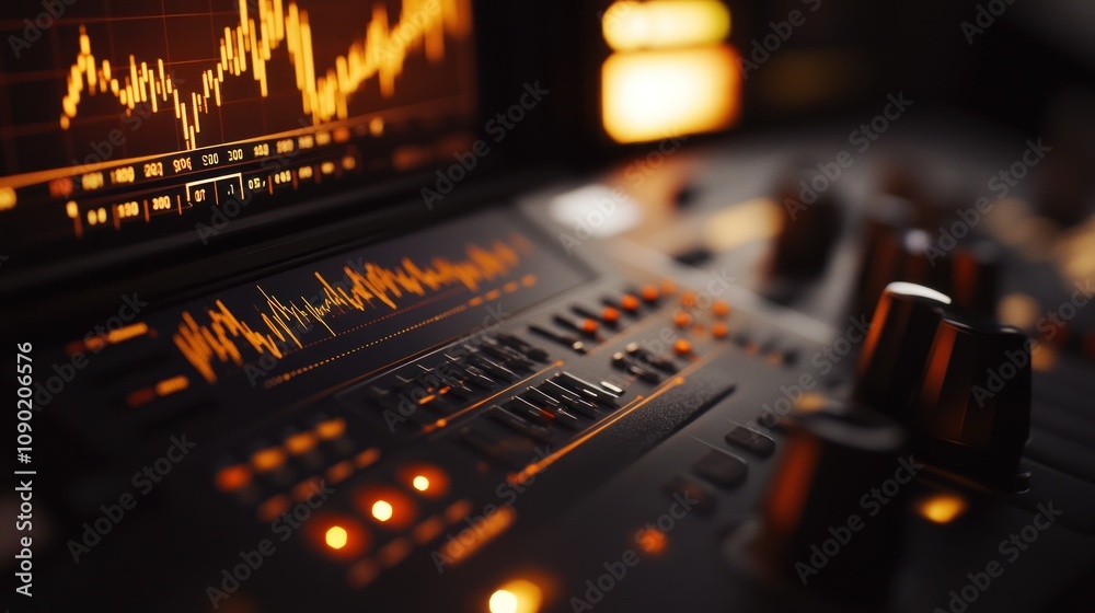 Poster A close-up of a sound mixing console displaying audio waveforms and controls.
