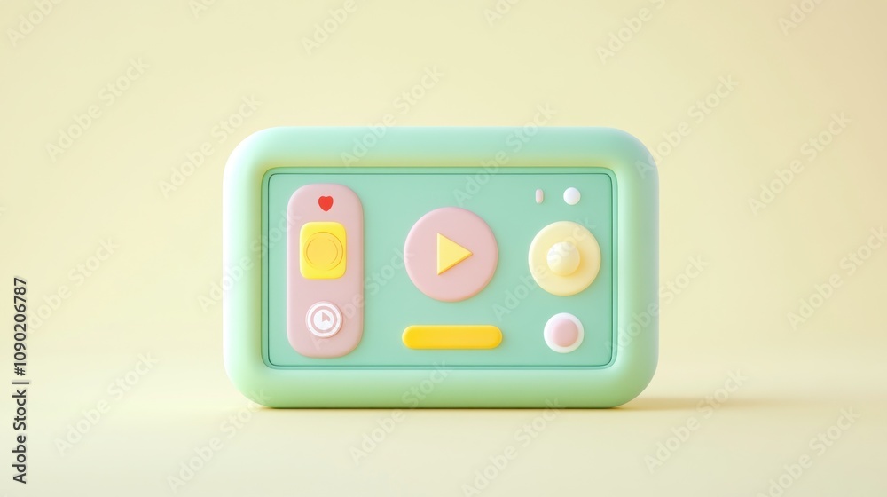 Poster A pastel-colored media control device with buttons for playback and recording.