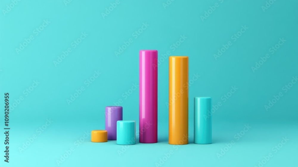 Poster colorful cylindrical bars arranged in varying heights on a bright background, representing data visu