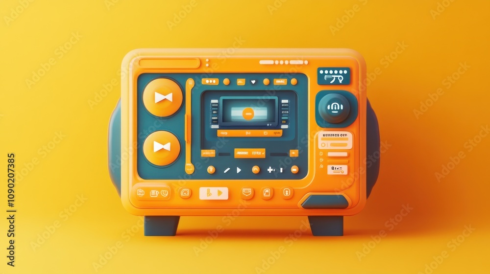 Poster A vibrant, retro-styled audio device with buttons and a screen, designed for music playback.