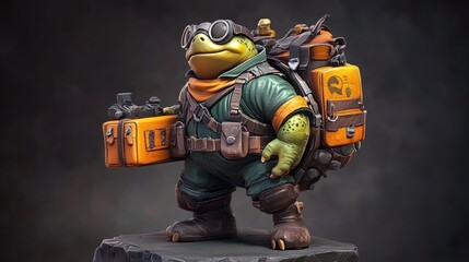 A stylized frog character in goggles, equipped with a backpack and tools for adventure.