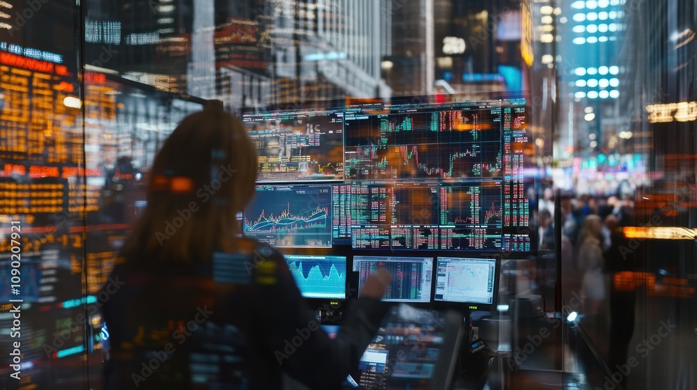 Poster A person monitors financial data on multiple screens in a bustling urban environment.