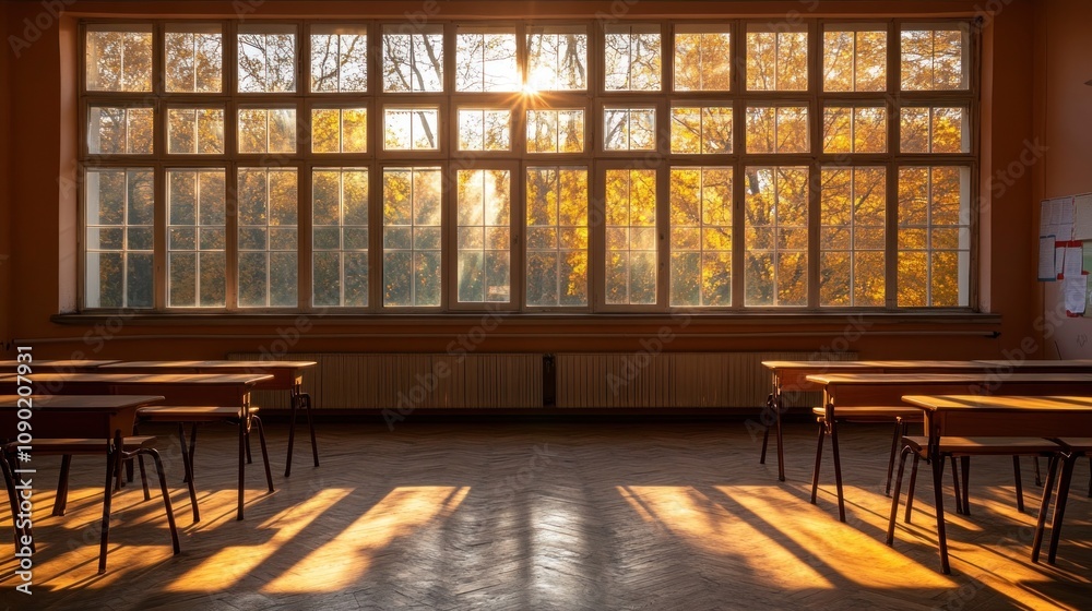 Poster A sunlit classroom with empty desks and autumn foliage visible through large windows.
