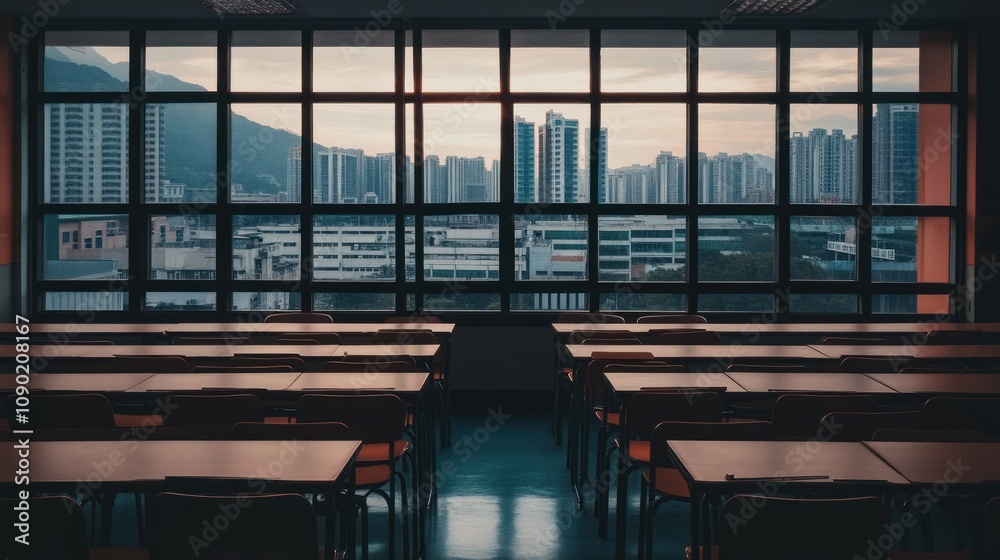 Aufkleber a classroom with empty desks, overlooking a city skyline through large windows at dusk.
