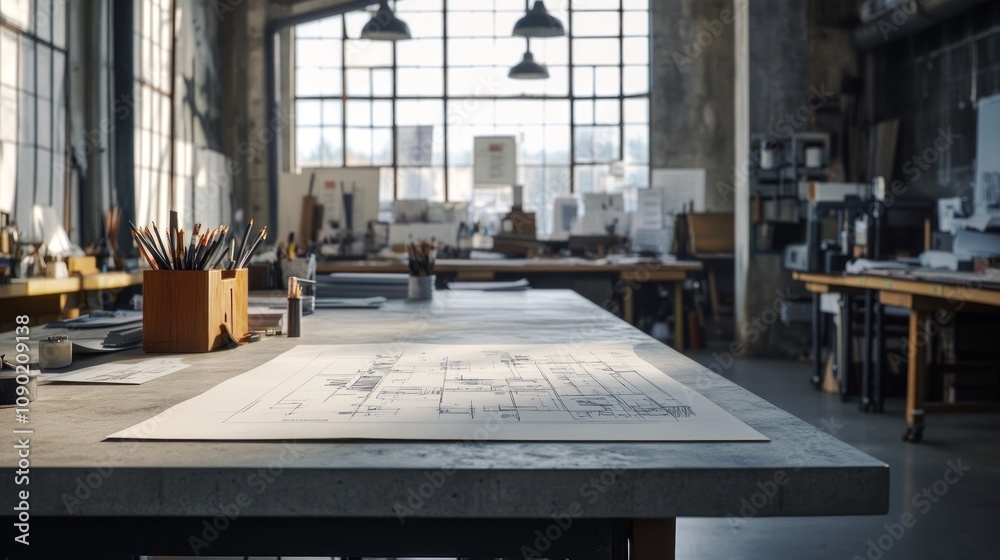 Poster A spacious design studio with drafting tables and tools for creative work.