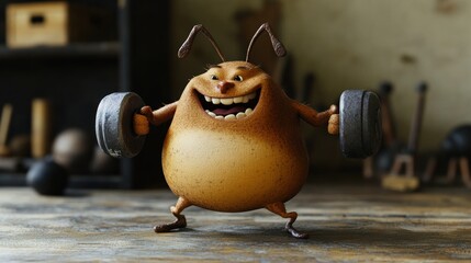 A cartoonish, smiling ant lifting weights in a rustic gym setting.